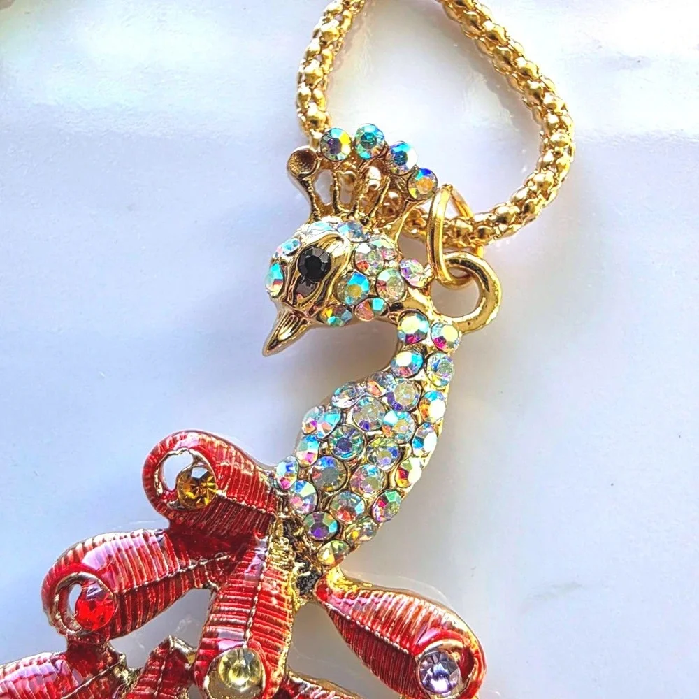 Betsey Johnson Peacock Pendant Necklace Gold-Tone Red Feather Rhinestone‎